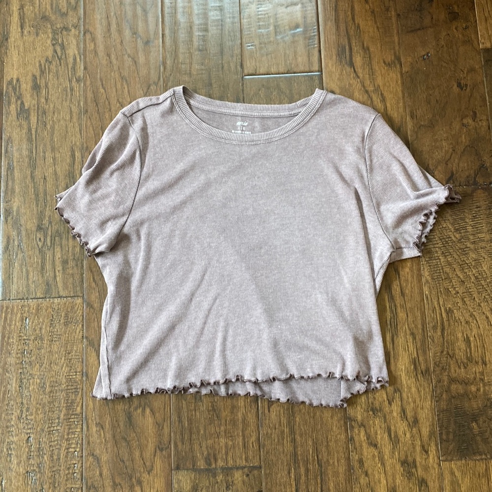 Aerie Brown Washed Crop Top with Lettuce Edge Detailing
